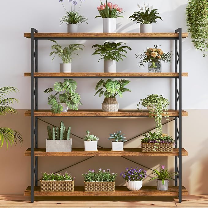 HCHQHS Large Bookshelf, 5-Tier Long Industrial Bookcase, Rustic Brown Book Shelf, Freestanding Horizontal Bookshelves with Metal Frame