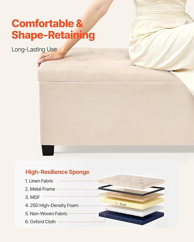 VEVOR Storage Ottoman Bench, End of Bed Bench with 2 Side Bags, Fabric Upholstered with Metal Frame, Toy Box Storage, Bed Benches for Foot of Bed, Bench for Entryway, Living Room, Playroom, Beige