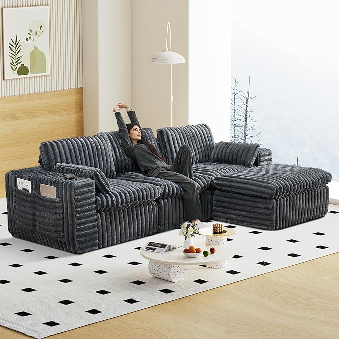 114" Cloud Boneless Sectional Couches for Living Room, Modular Sectional Sofa with Cup Holder, Cozy Fluffy L Shaped Deep Seat Couch with Storage Pocket, No Assembly Required, Dark Grey