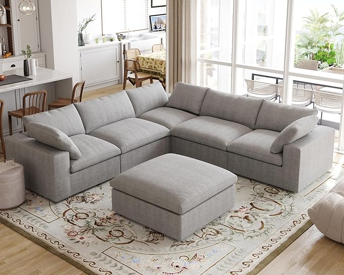 Cloud Modular Sectional Sofa for Livingroom,Large Down Filled Comfort Corner Sectional Sofa Couch with Ottoman,Wide Deep Seat Convertible Couches for Office Apartment,V Shaped,Grey