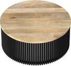 SIMPLIHOME Demy Coffee Table - 35 inch Wide Industrial Contemporary Round Cocktail Table in Natural and Black, Sculptural Living Room Table with Wood Veneer Top and Powder Coated Metal Base, Assembled