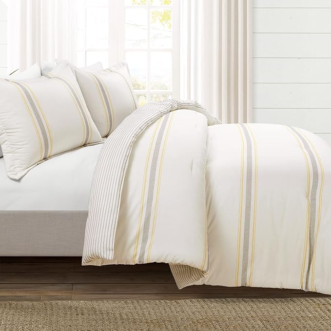Lush Decor Farmhouse Stripe Reversible Cotton Comforter Set, 3 Piece Set, King, Yellow & Gray - Cozy Farmhouse Bedding Set - Rustic Decor - Striped Comforter - Modern Farmhouse Bedroom Decor