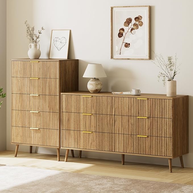 LYNSOM Fluted Dresser and Nightstand Sets 4 Piece, 1-Drawer Nightstands and 5/6 Drawers Dresser, Wood Bedroom Furniture Set for Home, Bedroom, Hallway, Natural Oak