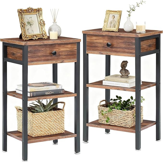 VECELO Tall End Table Set of 2,Nightstand with Drawer and Adjustable Storage Shelf,27.6 inch Side Table for Living Room/Bedroom/Entryway Small Spaces