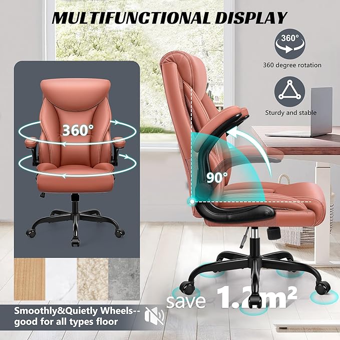 Office Chair, Ergonomic Big and Tall Computer Desk Chairs, Executive Breathable Leather Chair with Adjustable High Back Flip-up Armrests, Lumbar Support Swivel PC Chair with Rocking Function
