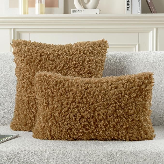 FUTEI Camel Decorative Throw Pillow Covers 20x20 Inch Set of 2,Soft Fluffy Faux Wool Fur Boucle Textured Cushion Case,Modern Home Decor for Couch Bed Living Room Office