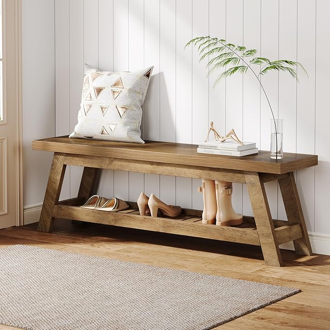 Tribesigns 55" Wood Entryway Bench with Shoe Storage, Large 2-Tier Narrow Hallway Foyer Seating Bench with Open Shelves for Entryway, Bedroom, Mudroom