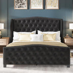 LARMACE Queen Size Bed Frame Velvet Upholstered Platform Bed with Wingback Headboard & Footbaord, Deep Button Tufted Bed Frame with Wood Slats Support, No Box Spring Needed, Black