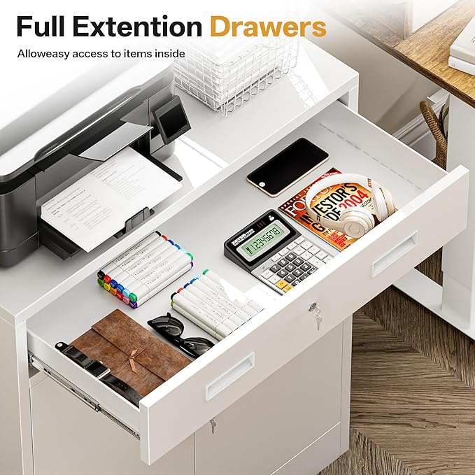 Metal Storage Cabinets with Drawer, 36”H Lockable Storage Cabinet with Doors and Adjustable Shelves, Small White Steel File Cabinet for Home, Office, Warehouse, School, Assembly Required