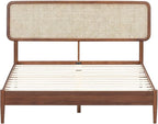 NTC Lupin Wooden Bed Frame with Headboard and Natural Rattan, Solid Oak/Rubber Wood Foundation with Silent Slats, 1000 Lb Capacity, Effortless Assembly (Natural Cane - Dark Walnut, Queen)
