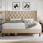 iPormis King Size Platform Bed Frame with Button Tufted Headboard, Upholstered Bed Frame with Solid Wooden Slats, 8" Underbed Space, No Box Spring Needed, Noise Free, Easy Assembly, Beige