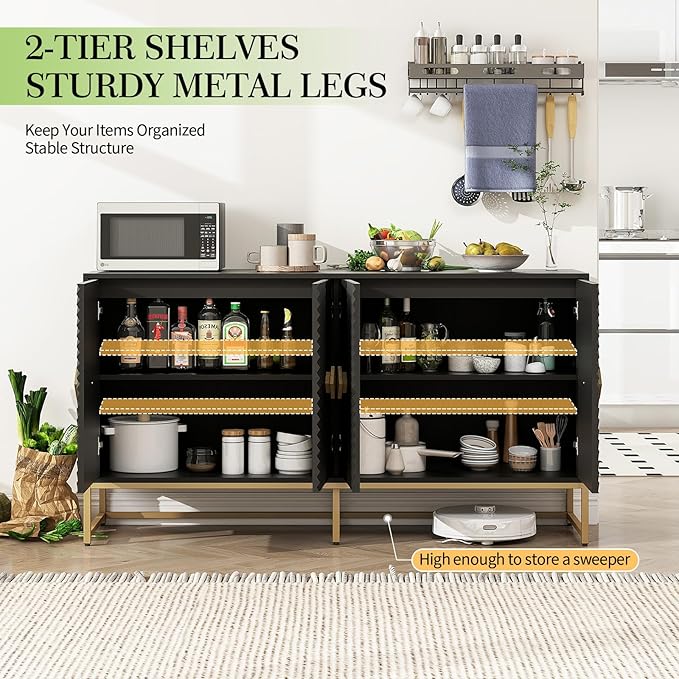 Sideboard Buffet Cabinet with Storage - Accent Storage Cabinet with Doors, Wood 4 Doors Cabinet with Metal Legs, 60" Buffets & Sideboards, Modern Credenza for Living Room (Black)