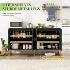 Sideboard Buffet Cabinet with Storage - Accent Storage Cabinet with Doors, Wood 4 Doors Cabinet with Metal Legs, 60" Buffets & Sideboards, Modern Credenza for Living Room (Black)