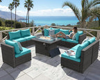 NICESOUL Extra Large 9 Piece Patio Furniture Set with Fire Pit Table Natural Gas & Propane, 29.3'' High Back Rattan Outdoor Conversations, 8 Seater Modular Sofa Set, 2 Color Cushions Turquoise & Gray
