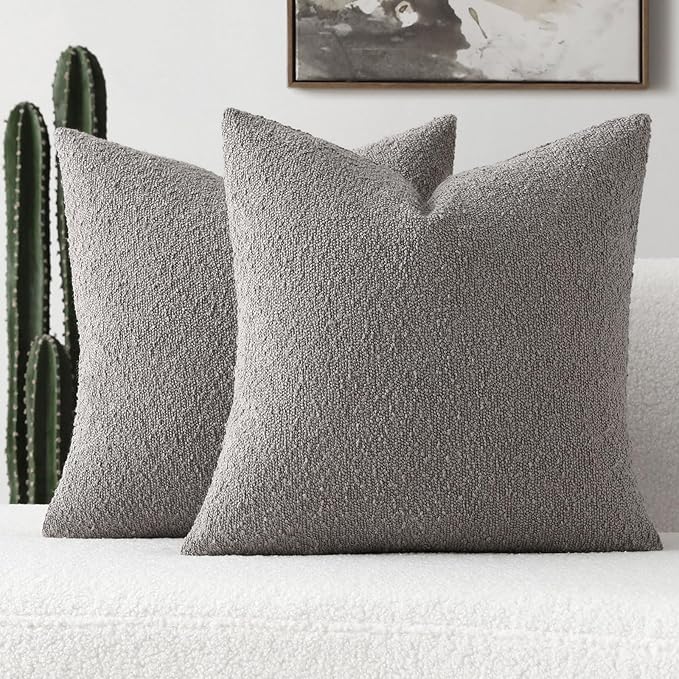 FUTEI Pack of 2 Light Grey Decorative Throw Pillow Covers 16x16 Inch Soft Cozy Solid Boucle Textured Cushion Case,Modern Home Decor for Couch Bed Living Room