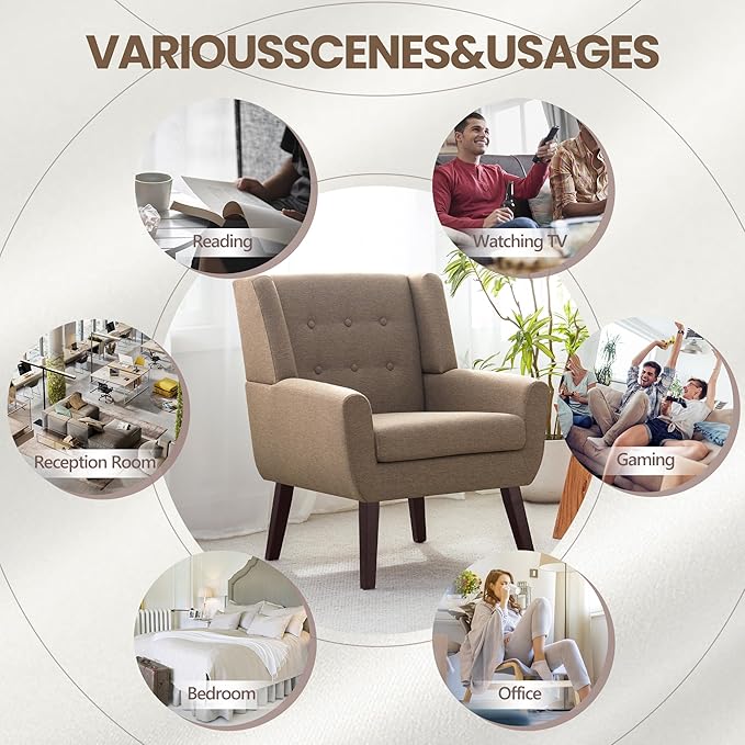 HUIMO Accent Chair, Upholstered Button Tufted Armchair, Linen Fabric Sofa Chairs for Bedroom, Living Room, Mid-Century Modern Comfy Reading Chair (4, Brown)