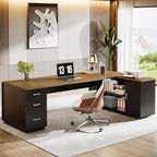 Tribesigns 85.8-Inch L-Shaped Executive Office Desk with File Drawers & Storage Cabinet, Professional Corner Computer Desk Extra Large Business Workstation with Adjustable Shelves (Light Brown&Black)
