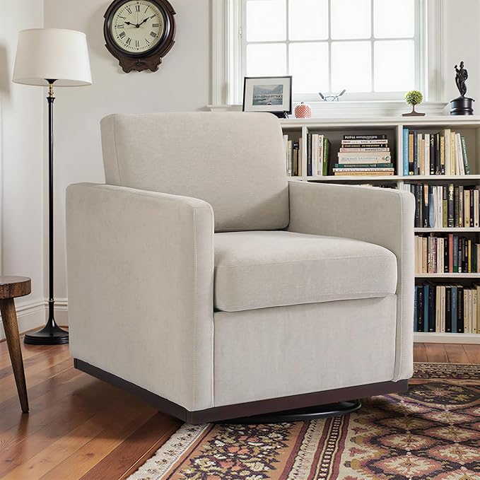 Pia Ricco Single Swivel Barrel Chair, Mid-Century Modern Accent Armchair with Plush Chenille Upholstery for Living Room & Cozy Reading Nook, Sand