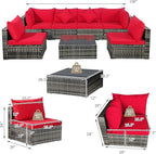 Tangkula 7 Pieces Patio Rattan Furniture Set, Patiojoy Outdoor Conversation Set with Cushions and Tempered Glass Coffee Table, All-Weather Sectional Sofa Set for Garden, Lawn, Backyard (Red)