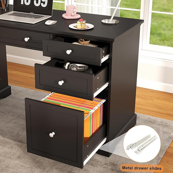 L Shaped Exective Desk with Drawers and File Drawers: 60" Country Vintage Desk for Home Office, Gaming Computer Desks with Storages(Black)