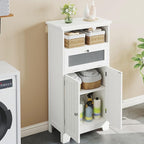 ChooChoo Bathroom Floor Storage Cabinet with Flip Glass Drawer, Freestanding with 2 Doors, Adjustable Shelf & Open Storage for Living Room, Hallway, White