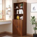 75" Tall Bookcase with Doors, 5 Tier Large Bookshelf with Cabinet, Standing Wood Display Book Shelf for Living Room, Office, Library with Doors, Brown