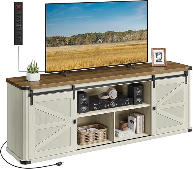 VASAGLE TV Stand for TVs up to 75 Inches, Farmhouse Entertainment Center with Sliding Barn Doors, TV Console Table for Living Room, Rustic White and Honey Brown ULTV325W73