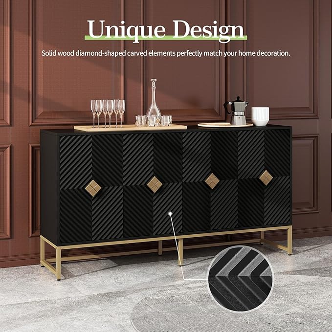 Sideboard Buffet Cabinet with Storage - Accent Storage Cabinet with Doors, Wood 4 Doors Cabinet with Metal Legs, 60" Buffets & Sideboards, Modern Credenza for Living Room (Black)
