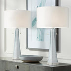 Possini Euro Design Miriam Modern Table Lamps 28.5" Tall Set of 2 Light Sky Blue Fluted Glass with Swirl Pattern White Drum Shade for Living Room Bedroom Bedside Nightstand Office Family