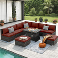 NICESOUL Backyard Furniture Set with Firepits Natural Gas/Propane, 9 Seater XL Oversized Wicker Sectional Couches, 29.3'' High Back Comfy Deep Wide Outdoor Patio Sofa Set, 2 Color Cushion Red & Gray