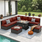NICESOUL Backyard Furniture Set with Firepits Natural Gas/Propane, 9 Seater XL Oversized Wicker Sectional Couches, 29.3'' High Back Comfy Deep Wide Outdoor Patio Sofa Set, 2 Color Cushion Red & Gray