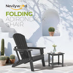 nevilywood Folding Adirondack Chair - Extended Ergonomic Backrest, Cup Holder - Easy Assembly - Durable HDPE Plastic, Weather Resistant & Maintenance-Free - Lawn, Patio, Deck Supports 380lbs Black