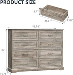 8 Drawer Dresser for Bedroom, 53" Wide Wooden Chest of Drawers, Rustic Farmhouse Dresser with Large Drawers & Metal Handles, Modern Storage Organizer for Closet, Living Room, Hallway, Grey
