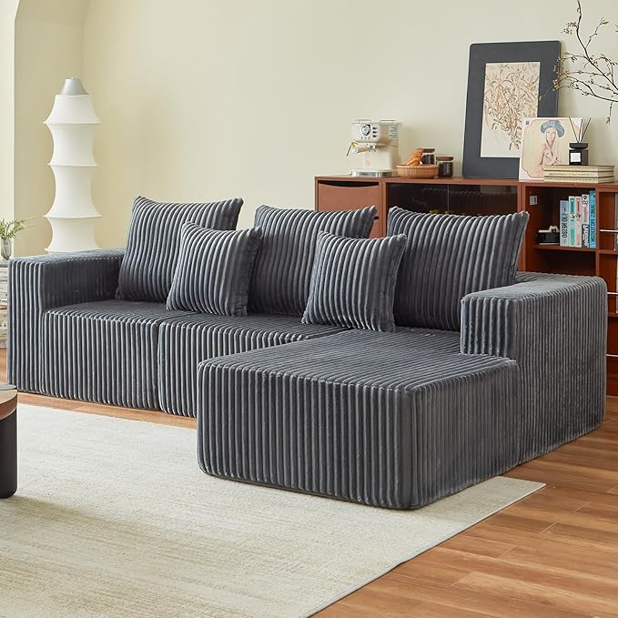 101" Boneless Sectional Couch,Compressed Memory Foam Couch in a Box, Modular Sectional Sofa with Oversized Chaise, Corduroy Boneless Sofa for Living Room, No Assembly Required (Grey)