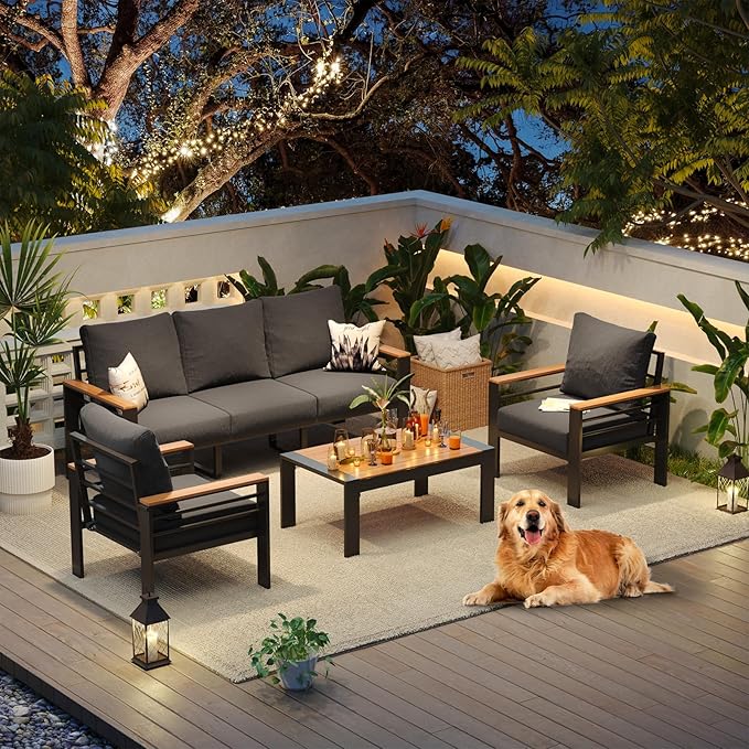 Aoxun Aluminum Patio Furniture Set 5 Seats, Oversized Outdoor Sectional with Washable Thick Cushions, Coffee Table, Patio Conversation Sets for Porch, Balcony, Deck