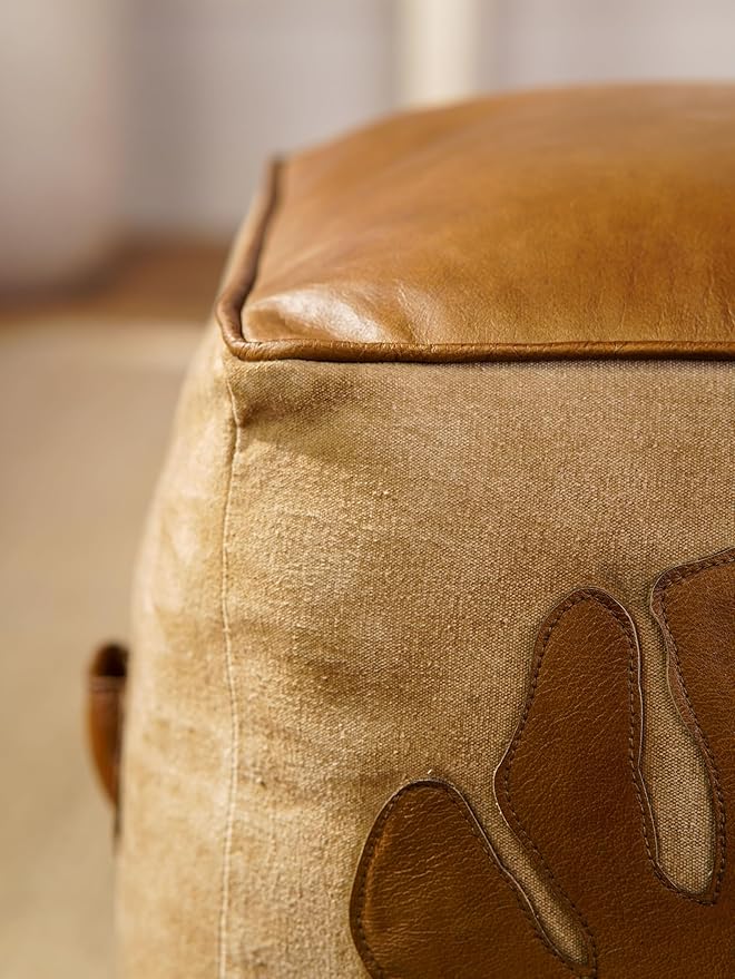 Handmade Eco-Friendly Solid Leather Pouf Brown Color Sqaure 20" x 20" x 20" Pouf for Living Room, Bedroom Seating, Patio