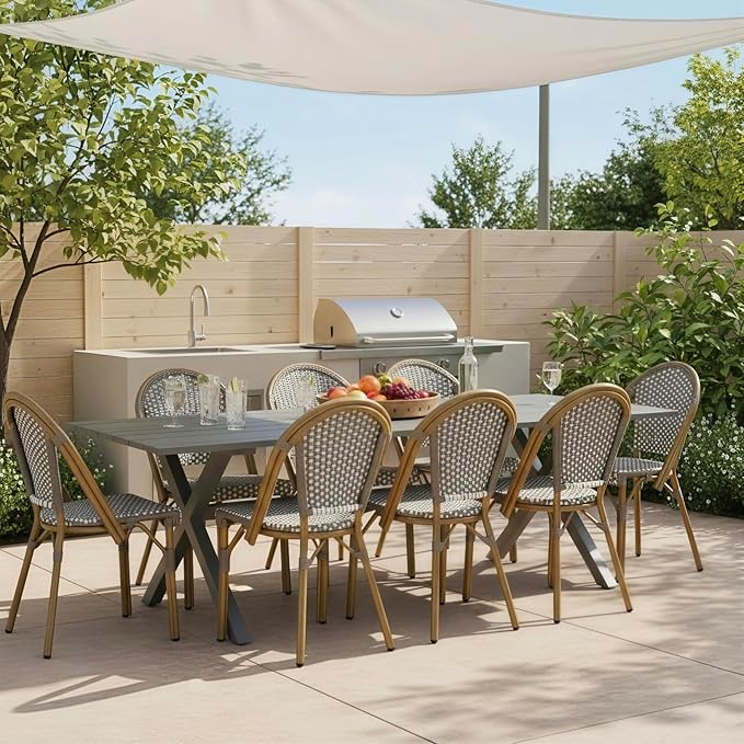 PURPLE LEAF 9 Pieces Outdoor Dining Set Patio Furniture Set with Aluminum Table and French Bistro Chairs for Garden Backyard Gray Patio Dining Set