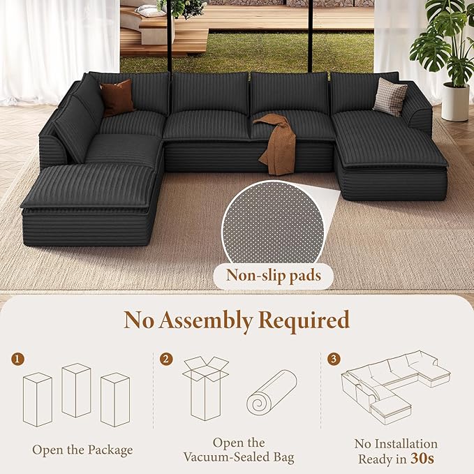 Vesgantti 141.7" Oversized Sectional Boneless Couch, Modern 7 Seater Modular Sofa with Chaise, Deep Seat Convertible Plush Corduroy Cloud Couches for Living Room, No Assembly Required, Dark Gray