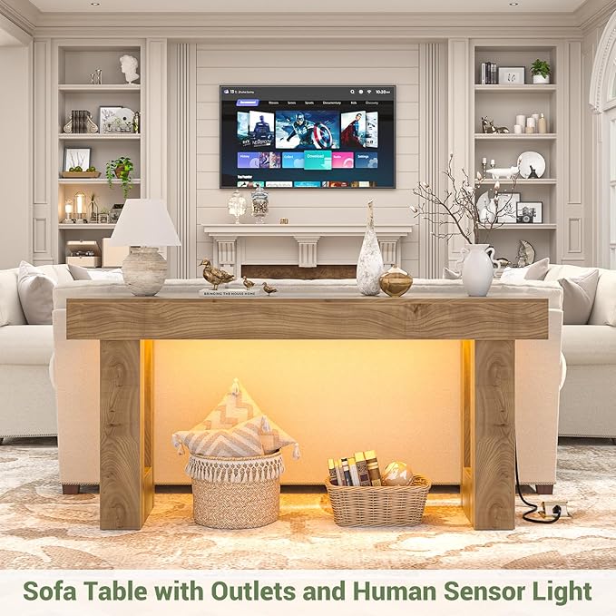 Unikito 63'' Farmhouse Console Table with Power Outlets and Sensor Light, Wooden Entryway Table with Storage, Rectangular Sofa Tables Behind The Couch for Entrance, Hallway, Living Room, Natural Oak