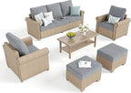 Patio Furniture Set 6 pcs, Wicker Rattan Outdoor Furniture with 5.5” Thick Cushions, 3-Seat Sofa, 2 Chairs, 2 Ottomans and Coffee Table, Outdoor Conversation Set for Garden Backyard Deck, 7 Seats Grey