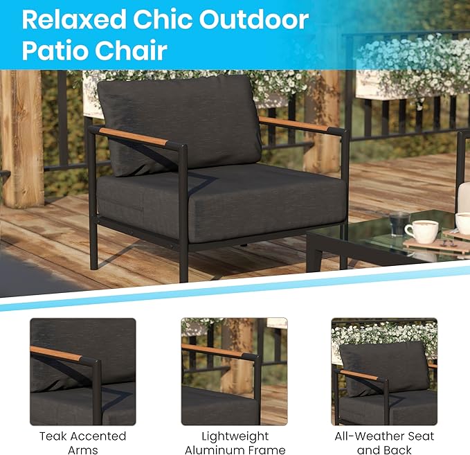 Flash Furniture Lea Indoor/Outdoor Patio Chair with Cushions - Modern Aluminum Framed Chair with Teak Accented Arms, Black with Charcoal Cushions