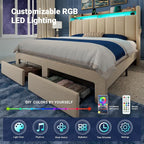 Allewie Vertical Tufted Full Size Upholstered Platform Bed Frame with 2-Tier LED Storage Headboard & 2 Storage Drawers, USB & Type-C Charging Ports, Noise-Free/No Box Spring Needed, Beige