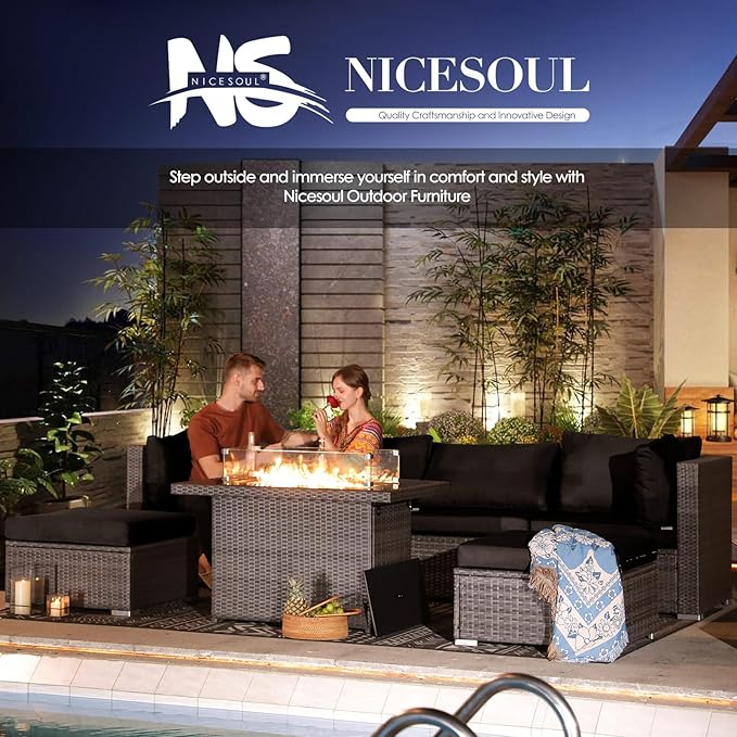 NICESOUL 6 Piece Modern L-Shaped Outdoor Sectional with Firepit Natural Gas/Propane, 29.3'' High Back Wicker Patio Furniture Set, Oversized Conversation for Exterior, 2 Color Cushion Black & Gray