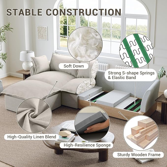 114” Oversized Modular Sectional Sofa, Comfy Down Fill Cloud Couch, 3 Seater Modular Sofa Couch with One Single Seat, Convertible Sectional Couches for Living Room, Linen, Light Gray