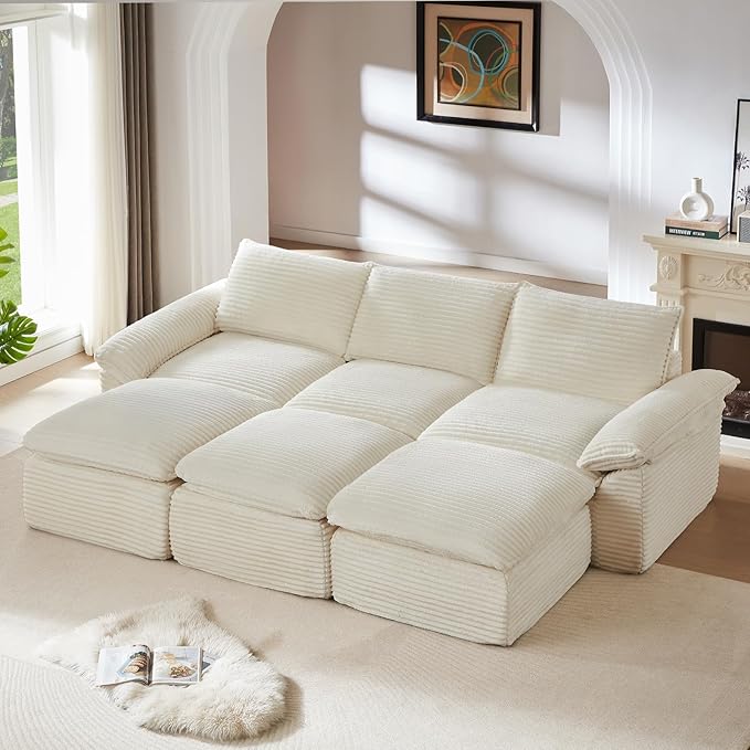 113.03" Sectional Couches for Living Room Modern Modular Sofa Couchs Upholstered Corduroy Boneless Couch Deep Seat Cloud Couch with Ottoman, No Assembly Required, White