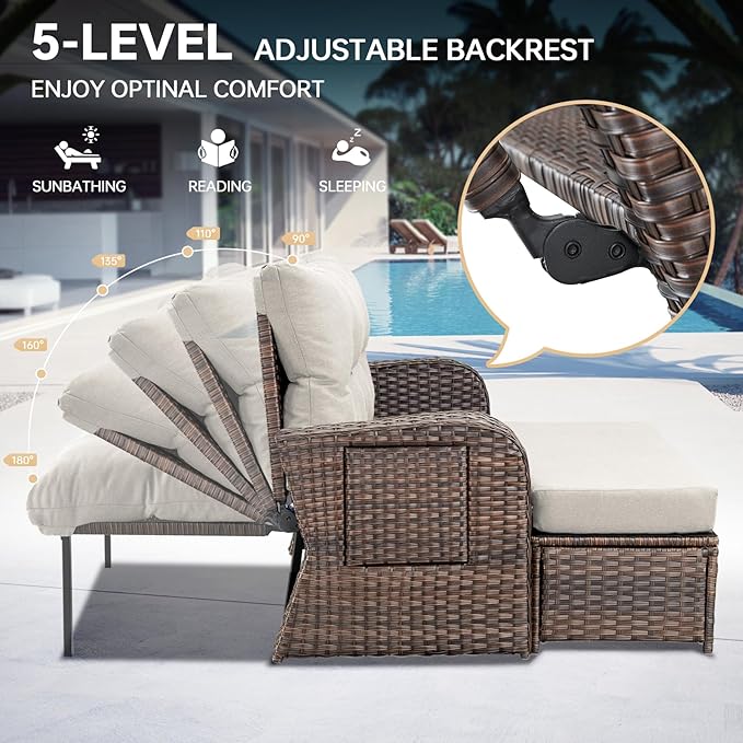 Patio Rattan Daybed, Wicker Recliner Loveseat for Two with Multifunctional Recliner and Stowable Side Tray, 5 Level Adjustable Backrest Brown Beige