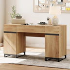 WAMPAT 59" Modern Executive Desk with Drawers, Home Office Computer Desk with Charging Station, File Drawer, Storage Cabinet, Wood Writing Desk for Work and Study, Oak