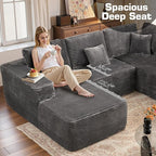 Weaxty Boneless Sectional Couch, U Shaped Modular Cloud Couches with Chaise, Plush Corduroy Memory Foam Deep Seat Floor Sofa, No Assembly Required，Gray