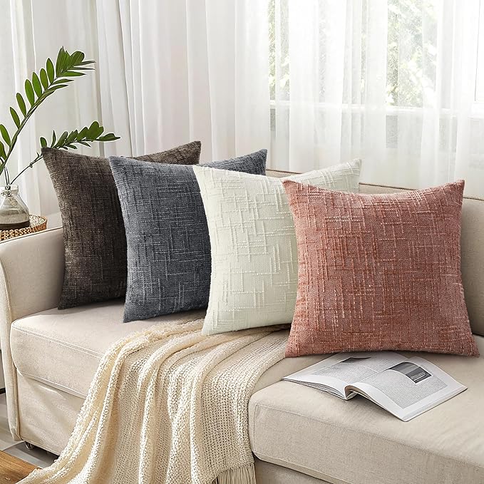 decorUhome Pink Chenille Throw Pillow Covers 16x16 Set of 2 Thick Textured Slubby Couch Pillow Covers Farmhouse Accent Modern Neutral Decorative Pillow Cases for Bed Sofa Living Room