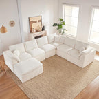 143" Cloud Sectional Couch, Boneless couches for Living Room, 7 Seater Large Modular Sectional Sofa with Deep Seat, Comfy Soft Cushions, No Assembly, Beige